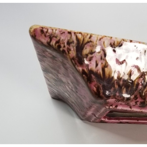 VINTAGE MCM Art Deco Ashtray Geometric Ceramic Brown Gold Pink Purple - Picture 10 of 10